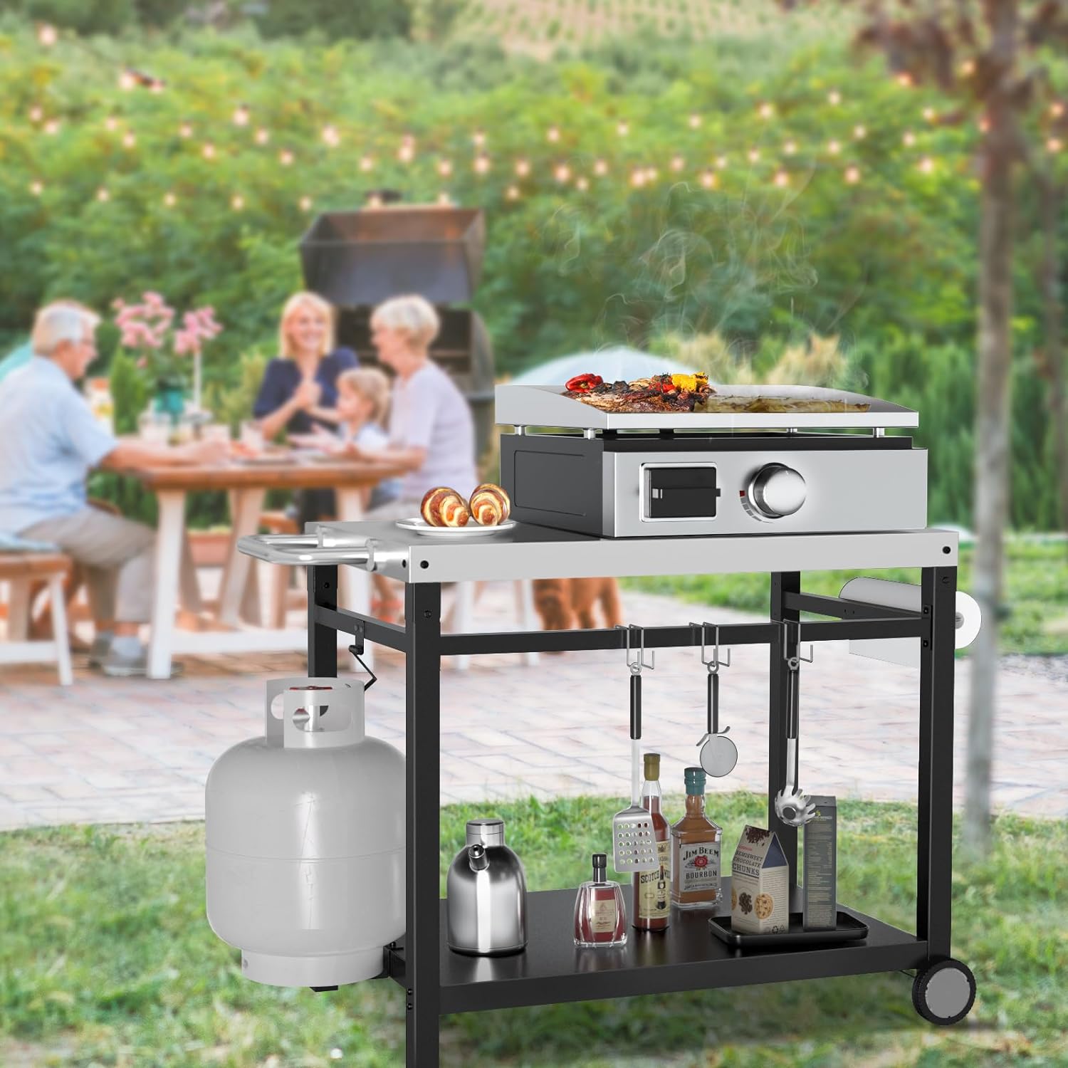 BBQ Future Outdoor Grill Cart Pizza Oven Table, New Upgraded Double Shelf Movable Cooking Cart with 3 Hooks and Side Handle, Pizza Oven Stand Trolley for Kitchen, Outside or Backyard Patio, Silver