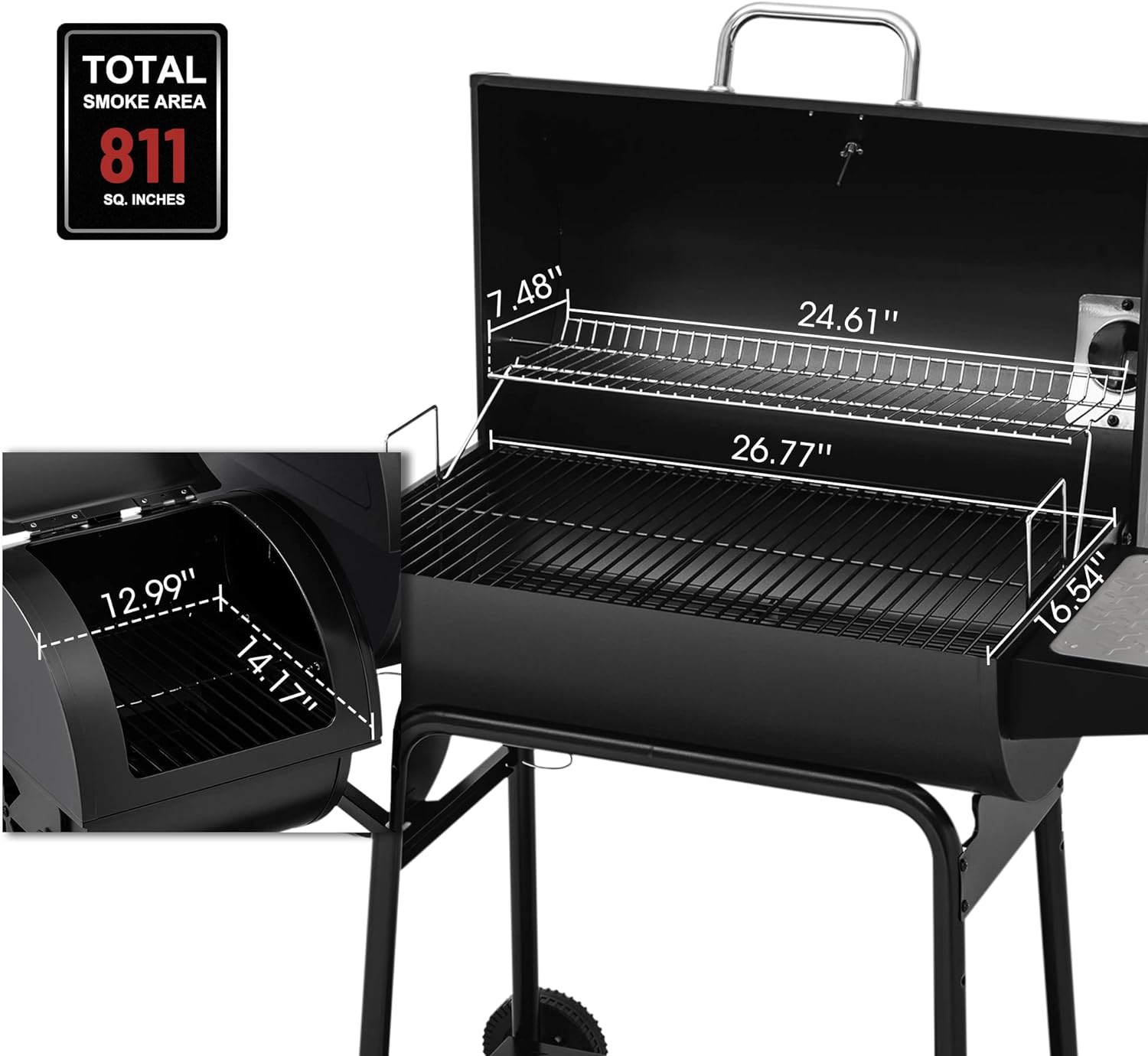 Royal Gourmet CC1830M 30-Inch Barrel Charcoal Grill with Offset Smoker, 811 Square Inches, Outdoor Backyard, Patio and Parties, Black, Large