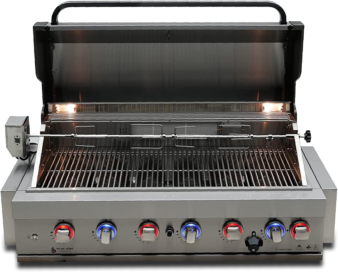 Mont Alpi MABi805 44-Inch 6-Burner 87000 BTU Built-In Stainless Steel Outdoor Kitchen Propane/Natural Gas Grill w/Ceramic Infrared Rear Burner + Rotisserie Kit  Weather Cover