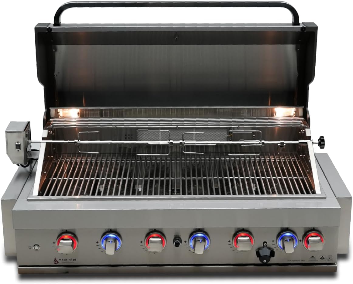 Mont Alpi MABi805 44-Inch 6-Burner 87000 BTU Built-In Stainless Steel Outdoor Kitchen Propane/Natural Gas Grill w/Ceramic Infrared Rear Burner + Rotisserie Kit  Weather Cover