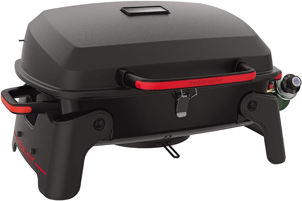 Megamaster 820-0065C 1 Burner Portable Gas Grill for Camping, Outdoor Cooking , Outdoor Kitchen, Patio, Garden, Barbecue with Two Foldable legs, Red + Black