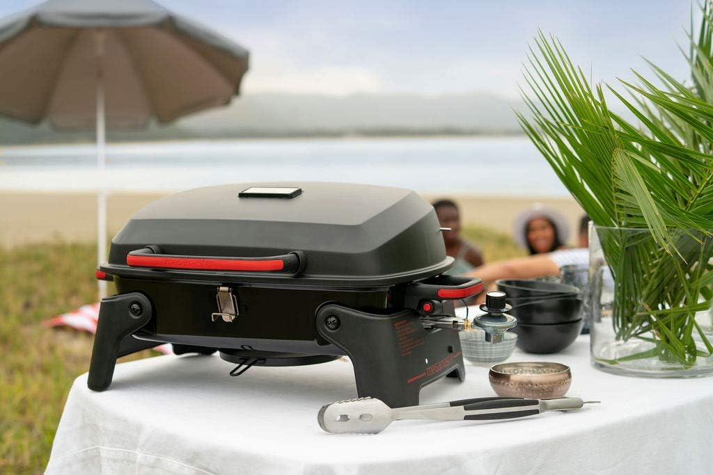 Megamaster 820-0065C 1 Burner Portable Gas Grill for Camping, Outdoor Cooking , Outdoor Kitchen, Patio, Garden, Barbecue with Two Foldable legs, Red + Black