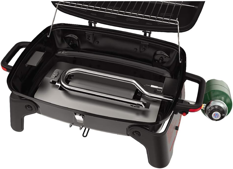 Megamaster 820-0065C 1 Burner Portable Gas Grill for Camping, Outdoor Cooking , Outdoor Kitchen, Patio, Garden, Barbecue with Two Foldable legs, Red + Black