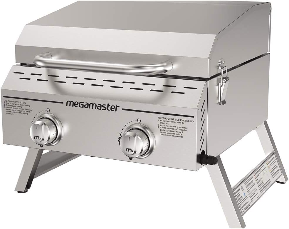 Megamaster Premium Outdoor Cooking 2-Burner Grill, While Camping, Outdoor Kitchen, Patio Garden, Barbecue with Two Foldable legs, Silver in Stainless Steel