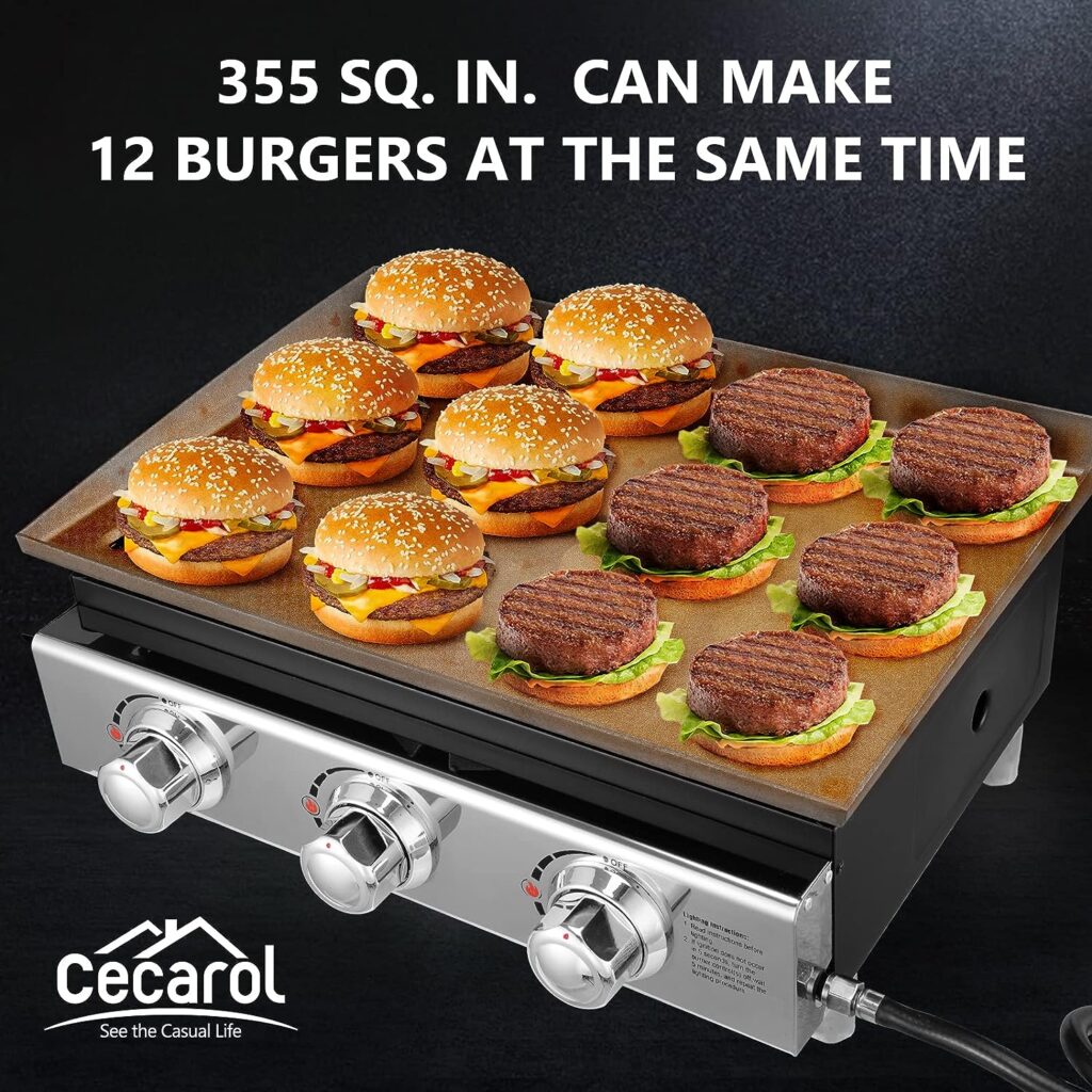 Cecarol Portable Griddle Propane Gas Grill, 23in Tabletop Gas Plancha with 3 Burners,Flat top griddle for Outdoor, Garden, Tailgating, RV - 355 sq. in. Heavy Duty  25, 500 BTUs Griddle for BBQ Grill