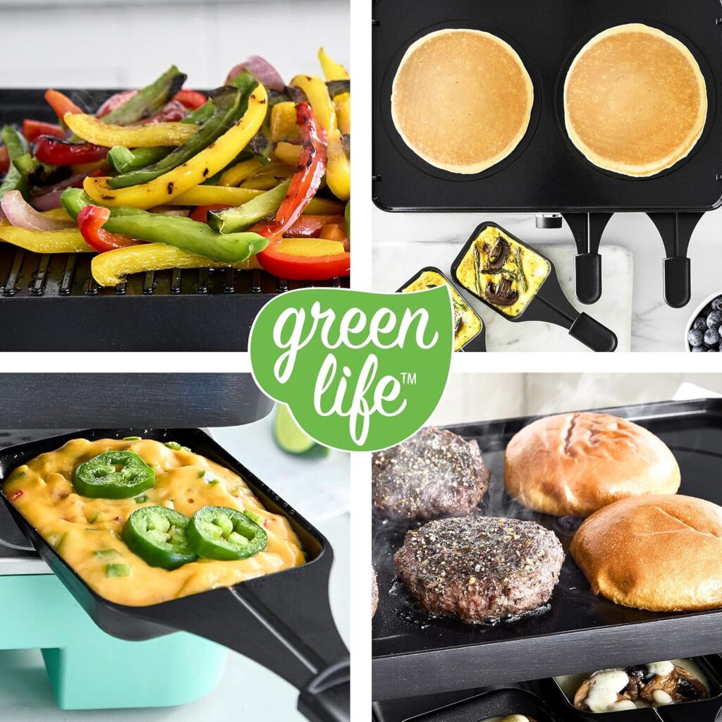 GreenLife Raclette Indoor Tabletop Grill, Healthy Ceramic Nonstick, 2-in-1 Grill and Griddle, 8 Square Nonstick Pans, Adjustable Temperature Control, Easy Indicator Light, PFAS-Free, Turquoise