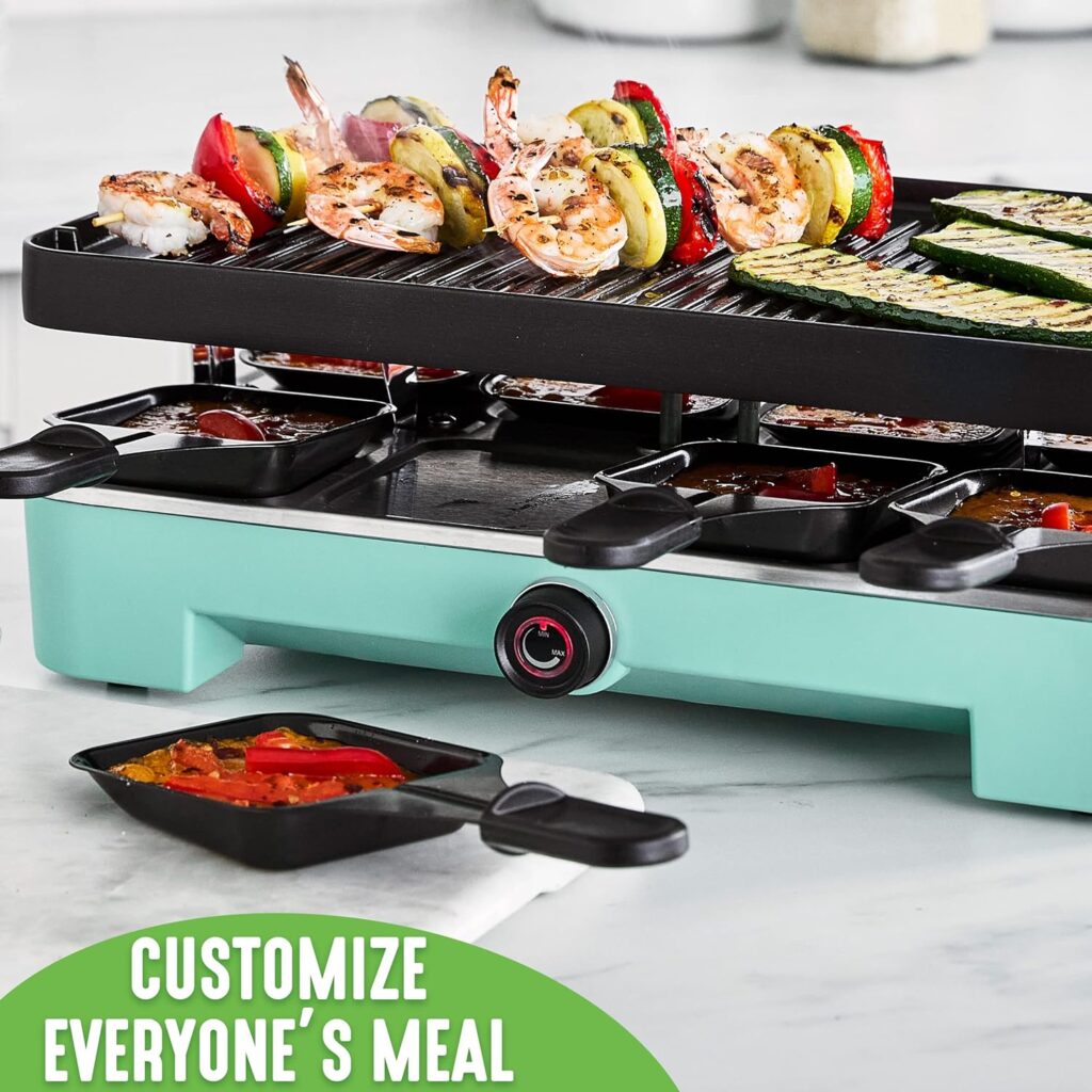 GreenLife Raclette Indoor Tabletop Grill, Healthy Ceramic Nonstick, 2-in-1 Grill and Griddle, 8 Square Nonstick Pans, Adjustable Temperature Control, Easy Indicator Light, PFAS-Free, Turquoise