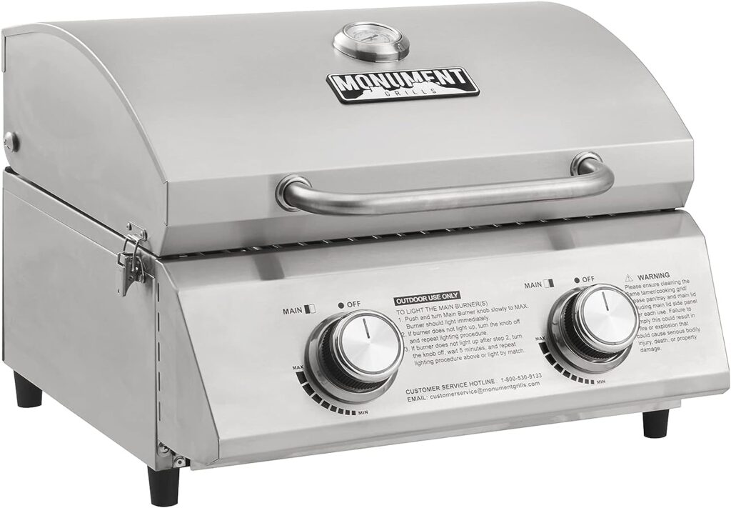 Monument Grills Tabletop Propane Gas Grill for Outdoor Portable Camping Cooking with Travel Locks, Stainless Steel High Lid, and Built in Thermometer