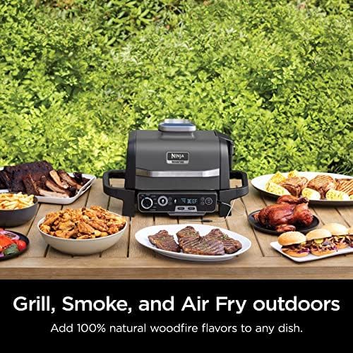 Ninja OG751BRN Woodfire Pro Outdoor Grill and Smoker with Built in Thermometer, 7 in 1 Master Grill, Grey, Electric, with XSKCOVER Cover + XSKOP2RL All Purpose Blend Pellets+XSKUNSTAND Stand