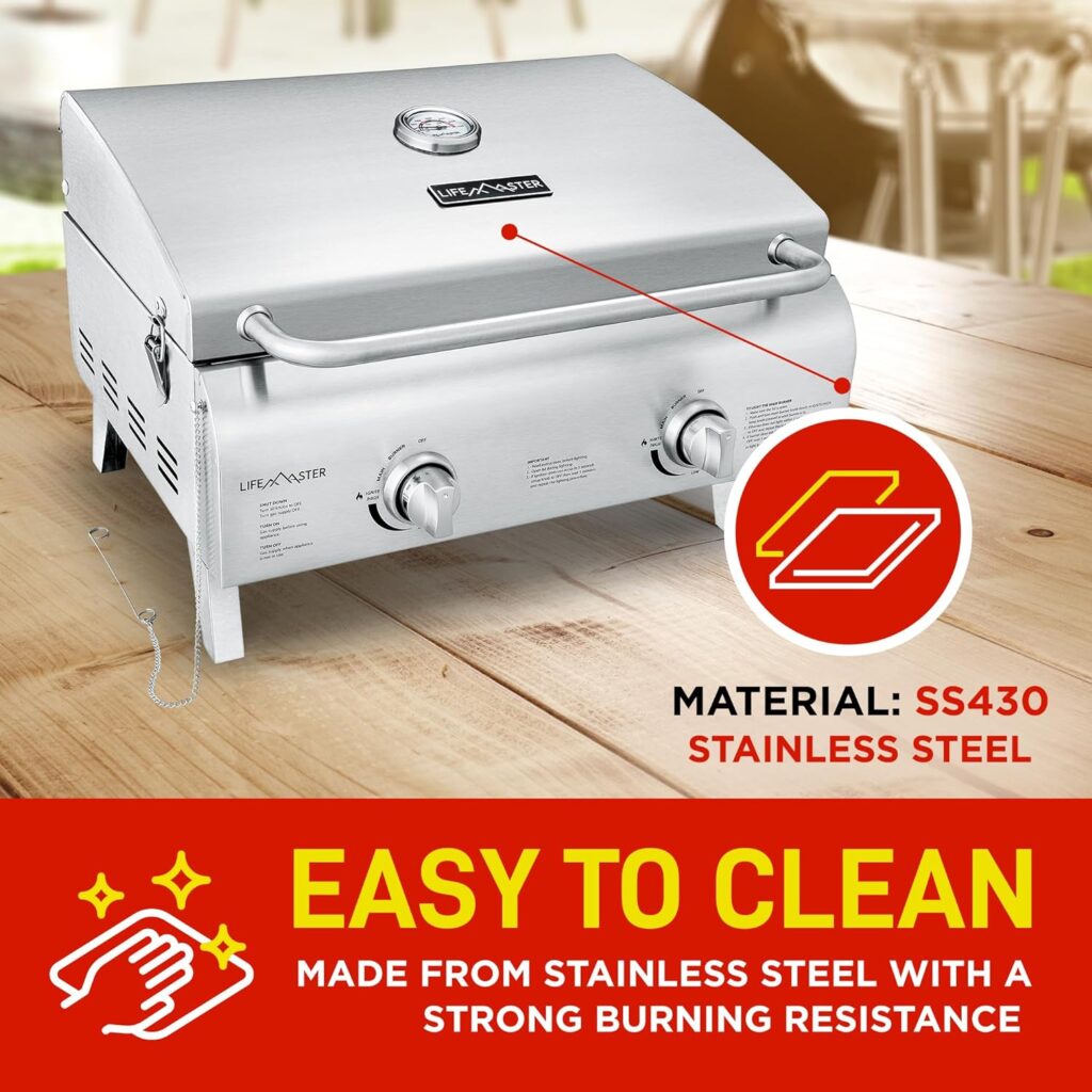 Portable Grill – Table Top Stainless Steel Propane Gas BBQ for Camping and Outdoor – 2 Burners –20,000 BTU Power - Folding Legs – Wind Proof Lid – Easy Clean – Silver - By Lifemaster