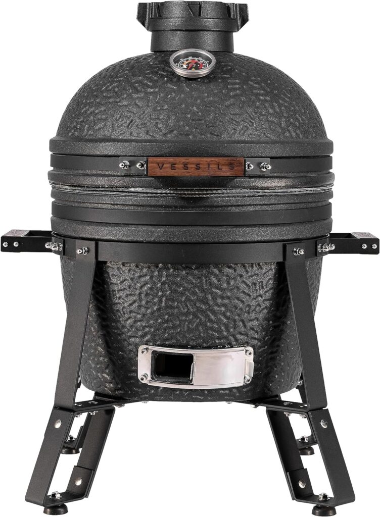 VESSILS Kamado Charcoal Grill Complete Set - Ceramic BBQ Grill Smoker with Grill Cover, Charcoal Basket, Heat Deflector Stones, Plate Setter and Cooking Grid (13.4-in W Matt Black)